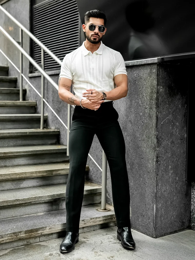 Maniac Maniac Mens Solid Textured Polo Neck Half Sleeve White Cotton T-Shirt